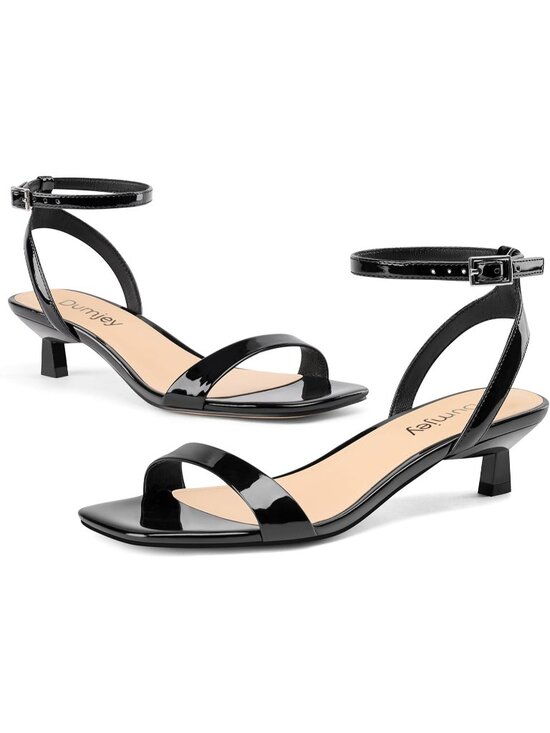 Women\'s Black2 Kitten Heel Ankle Strap Heeled Sandal Square Open Toe Party Shoes